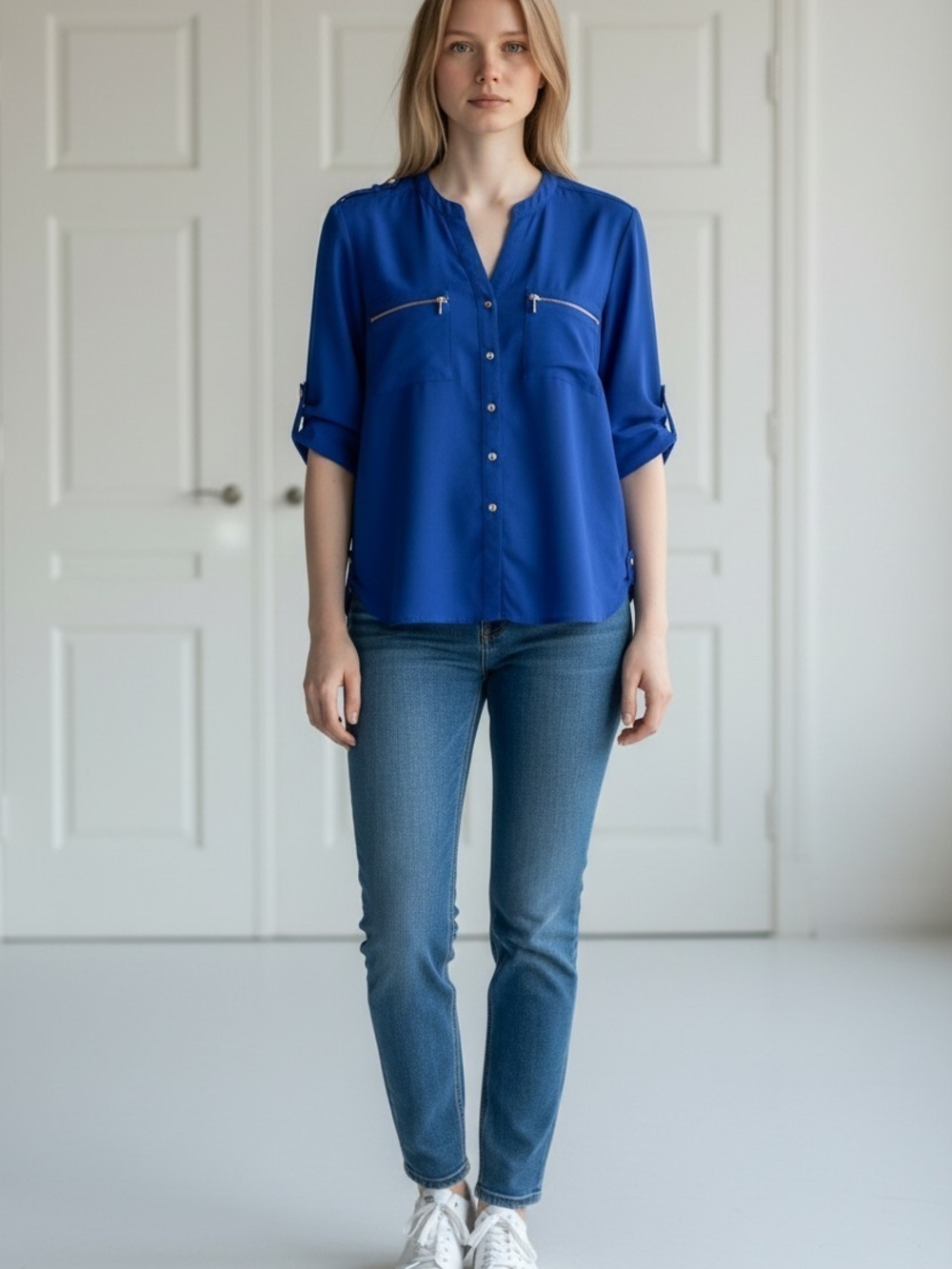 TITLE:
Calvin Klein Large Royal Blue Roll Tab Sleeve Blouse Gold Zipper Pockets